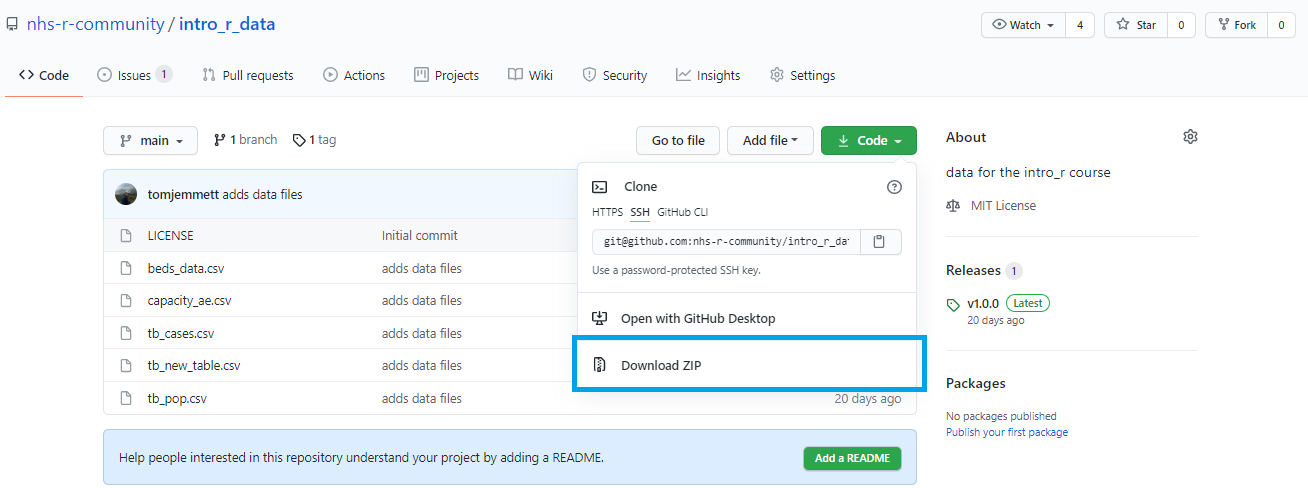 Screenshot of the GitHub download files page with the selection from the dropdown of Download zip highlighted