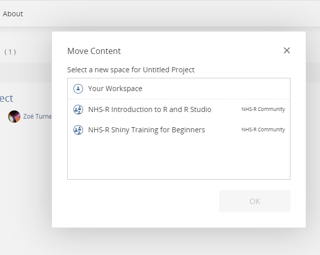 Screenshot of the Move Content wizard with 3 options, Your work space and two others from NHS-R